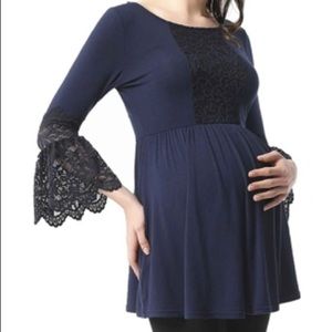 Kimi + Kai “Alexis” Indigo Babydoll Top w/ Bell Sleeves (Maternity XS)